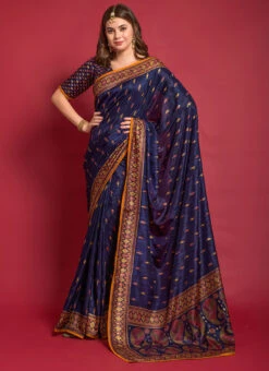 Emboss Foil Printed Navy Blue Color Smooth Silk Saree Festive Wear -C Bazaar Shop emboss foil printed navy blue color smooth silk saree sasacw2129 u