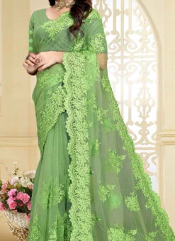 Embroidered Net Pista Green Color Saree Party Wear