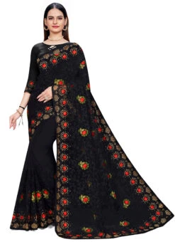 Embroidery And Stone Work Black Color Net Saree Festive Wear -C Bazaar Shop embroidery and stone work black color net saree sasstsktmndr8234 u