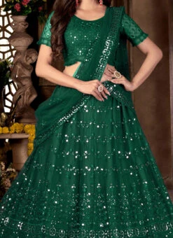 Embroidery Green Net Lehenga Choli With Dupatta Party Wear
