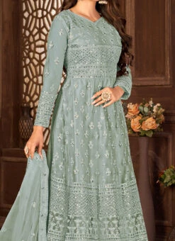 Embroidery Grey Color Net Fabric Anarkali Suit Party Wear