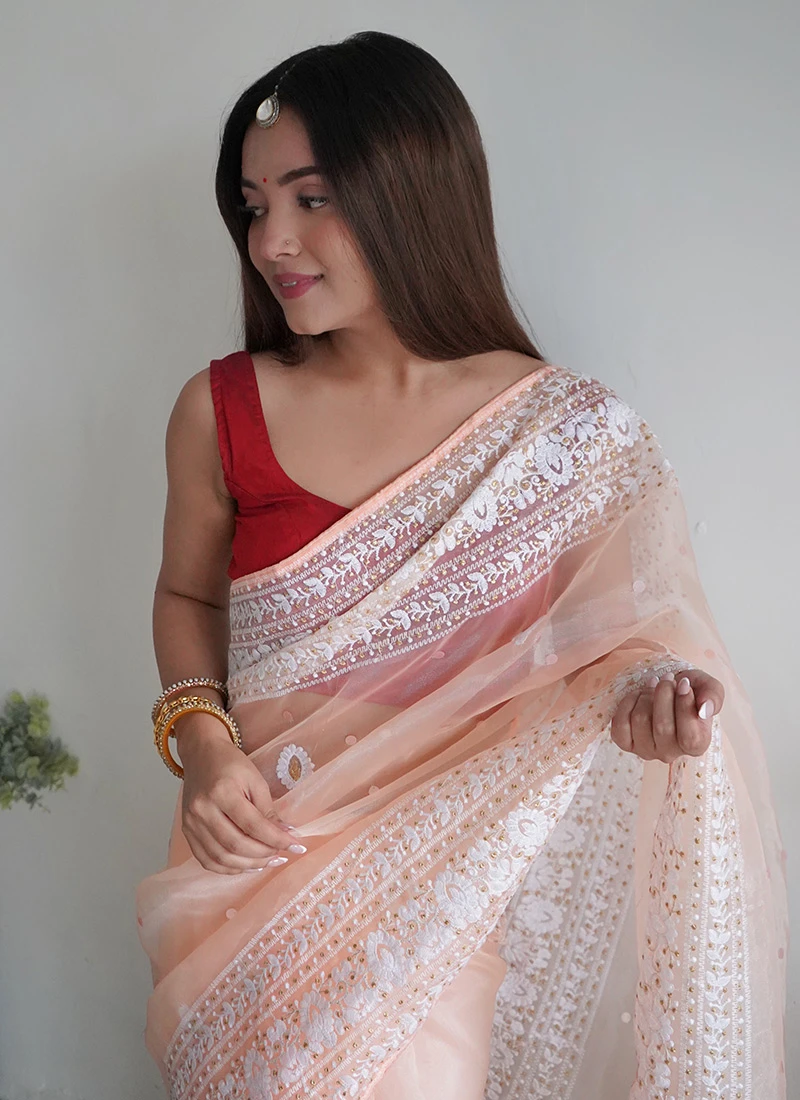 Embroidery Peach Color Organza Saree Party Wear 4 Embroidery Peach Color Organza Saree Party Wear - Image 4
