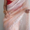 Embroidery Peach Color Organza Saree Party Wear