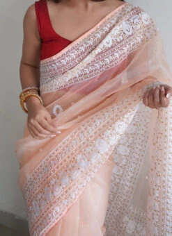 Embroidery Peach Color Organza Saree Party Wear