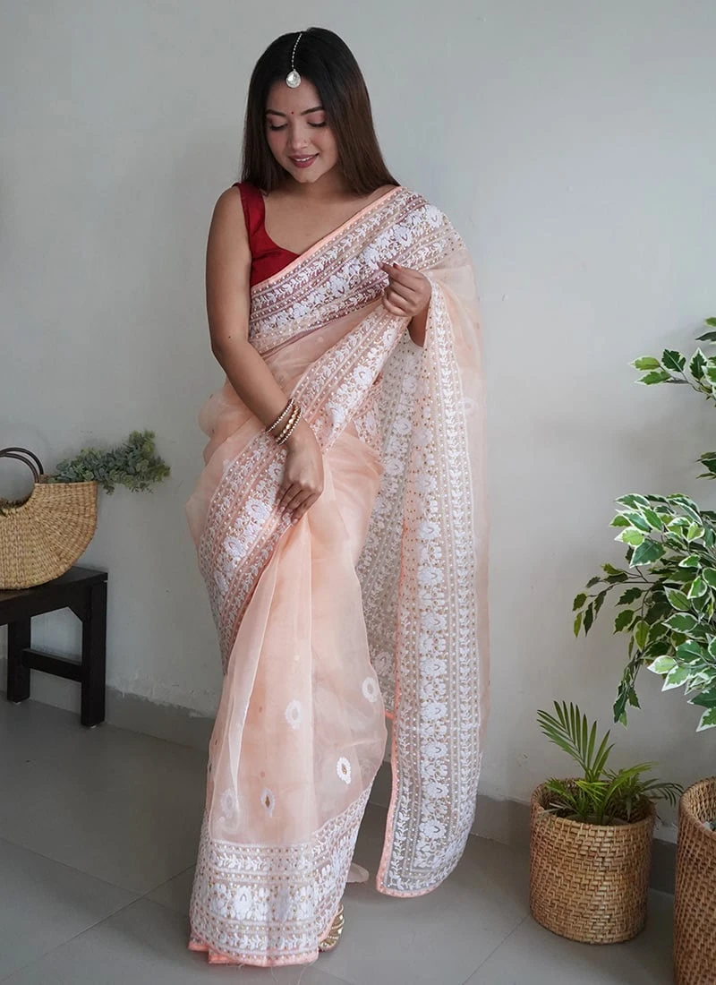 Embroidery Peach Color Organza Saree Party Wear 3 Embroidery Peach Color Organza Saree Party Wear - Image 3