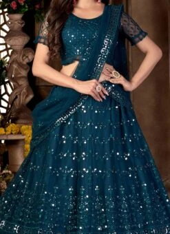 Embroidery Teal Blue Net Lehenga Choli With Dupatta Party Wear