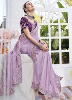 Embroidery Work Lavender Color Satin Organza Saree Party Wear 7 Embroidery Work Lavender Color Satin Organza Saree Party Wear -C Bazaar Shop embroidery work lavender color satin organza saree sasacw4098 b