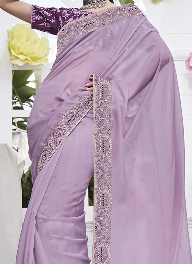 Embroidery Work Lavender Color Satin Organza Saree Party Wear 1 Embroidery Work Lavender Color Satin Organza Saree Party Wear