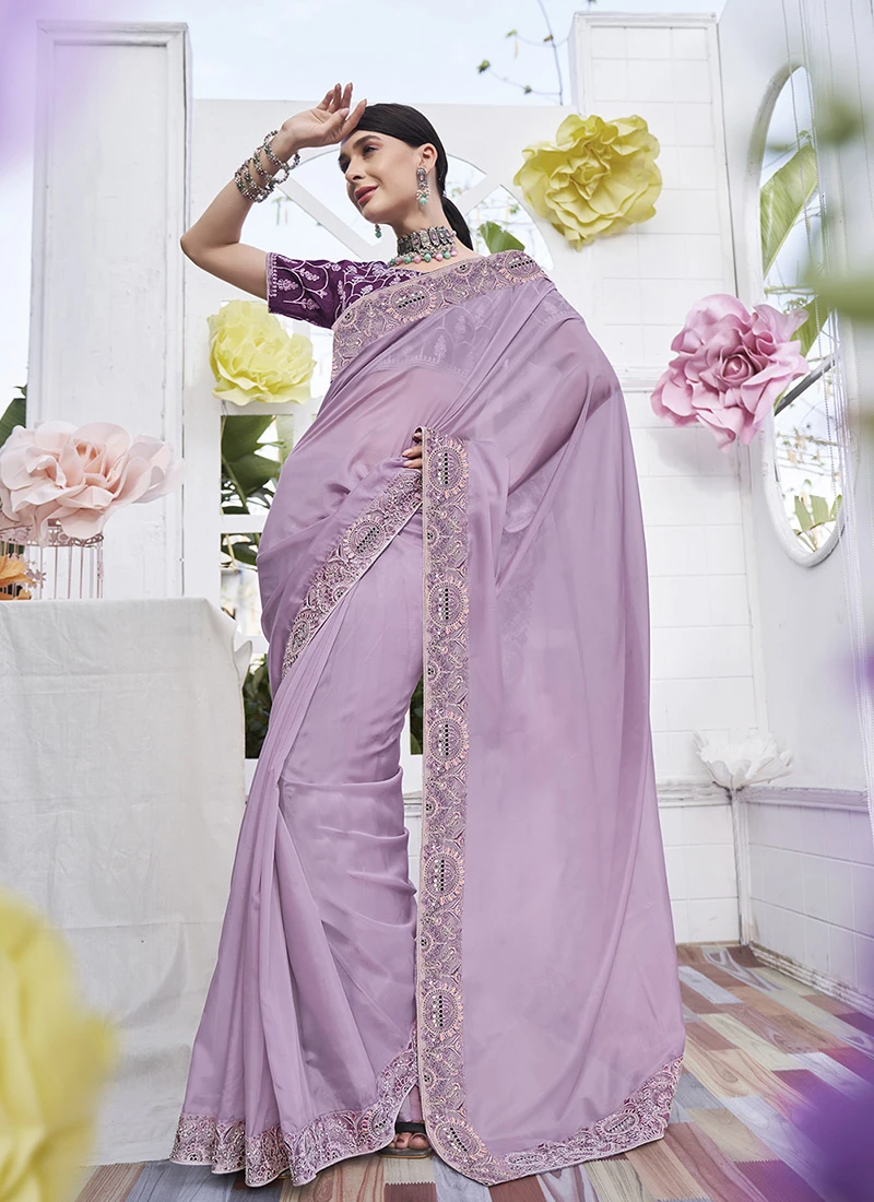 Embroidery Work Lavender Color Satin Organza Saree Party Wear 3 Embroidery Work Lavender Color Satin Organza Saree Party Wear - Image 3