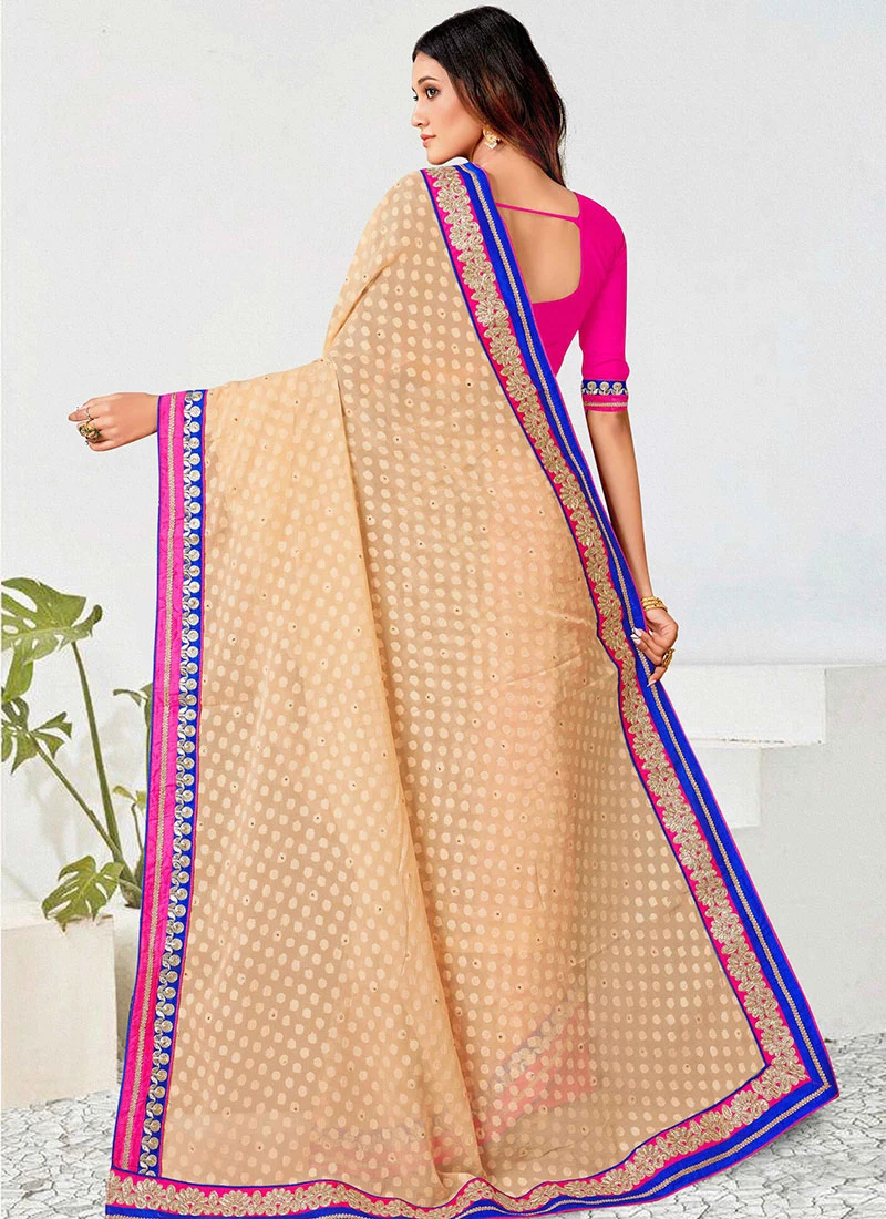 Embroidery Work Peach Color Georgette Saree Party Wear 4 Embroidery Work Peach Color Georgette Saree Party Wear - Image 4