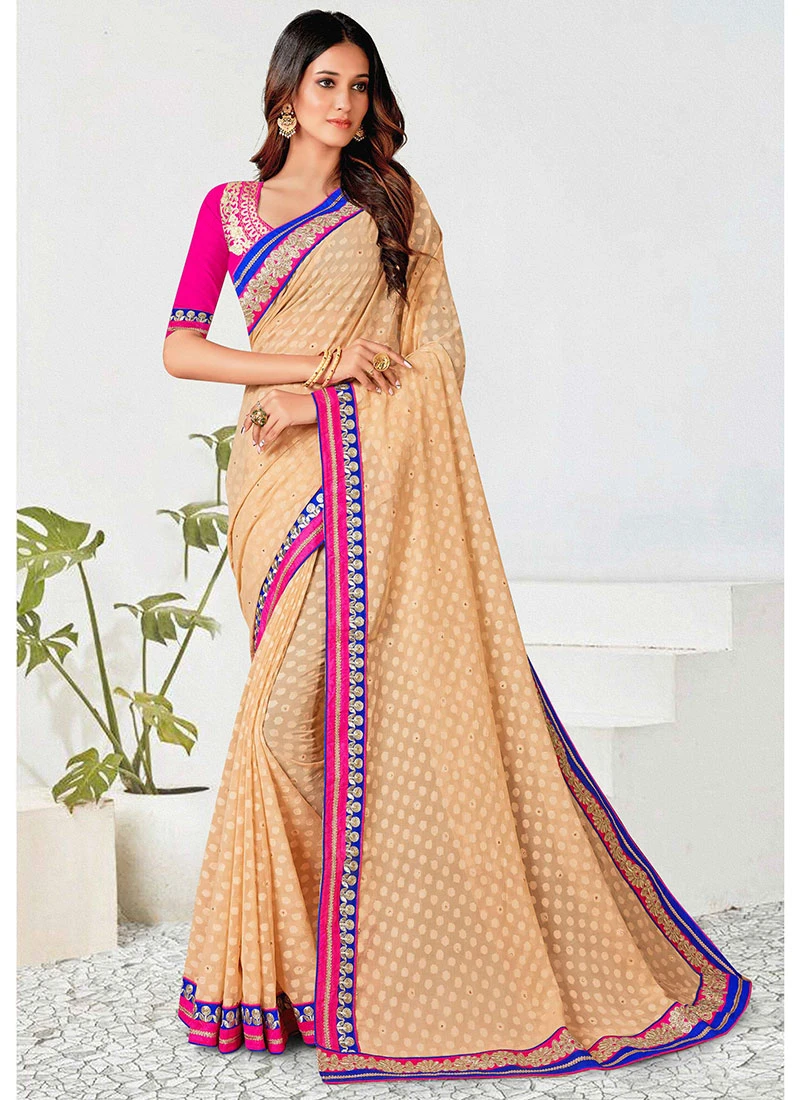 Embroidery Work Peach Color Georgette Saree Party Wear 3 Embroidery Work Peach Color Georgette Saree Party Wear - Image 3