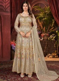 Fawn Brown Net Embroidered Anarkali Suit Party Wear -C Bazaar Shop fawn brown net embroidered anarkali suit slska4503667c u