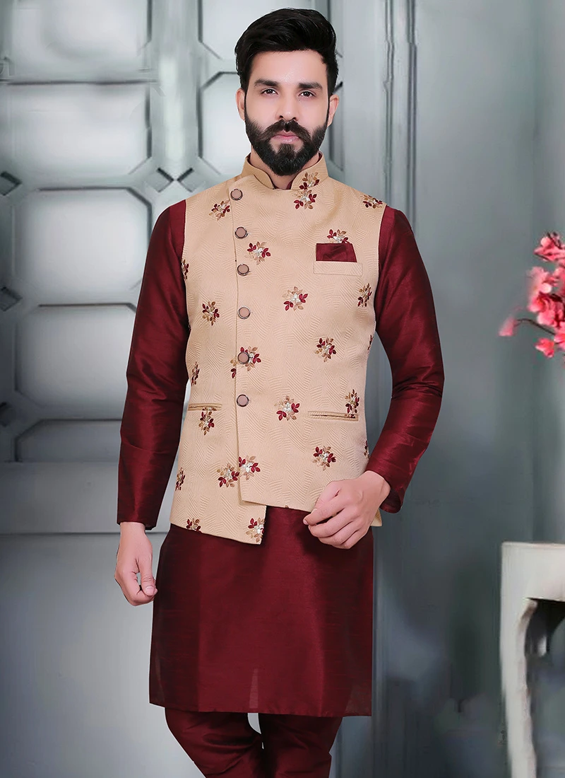 Fawn Jacquard Silk Nehru Jacket 3 Fawn Jacquard Silk Nehru Jacket - Image 3