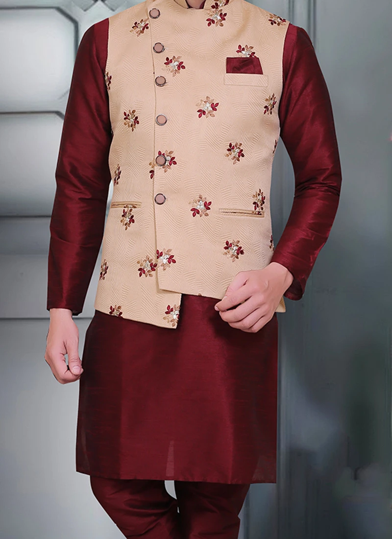 Fawn Jacquard Silk Nehru Jacket 1 Fawn Jacquard Silk Nehru Jacket