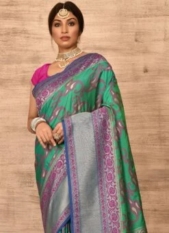 Fern Green Banarasi Katan Zari Weaving Saree Festive Wear -C Bazaar Shop fern green benarasi katan zari weaving saree savns671i b