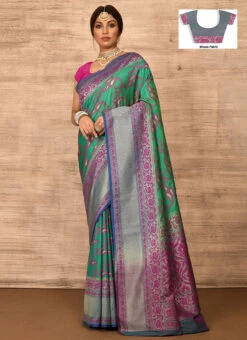 Fern Green Banarasi Katan Zari Weaving Saree Festive Wear -C Bazaar Shop fern green benarasi katan zari weaving saree savns671i u