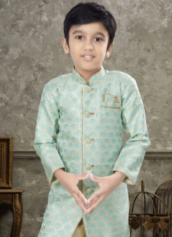 Firozi And Cream Art Silk Jacquard Indowestern Sherwani Party Wear 5 Firozi And Cream Art Silk Jacquard Indowestern Sherwani Party Wear -C Bazaar Shop firozi and cream art silk jacquard indowestern sherwani kdbsgr613 b