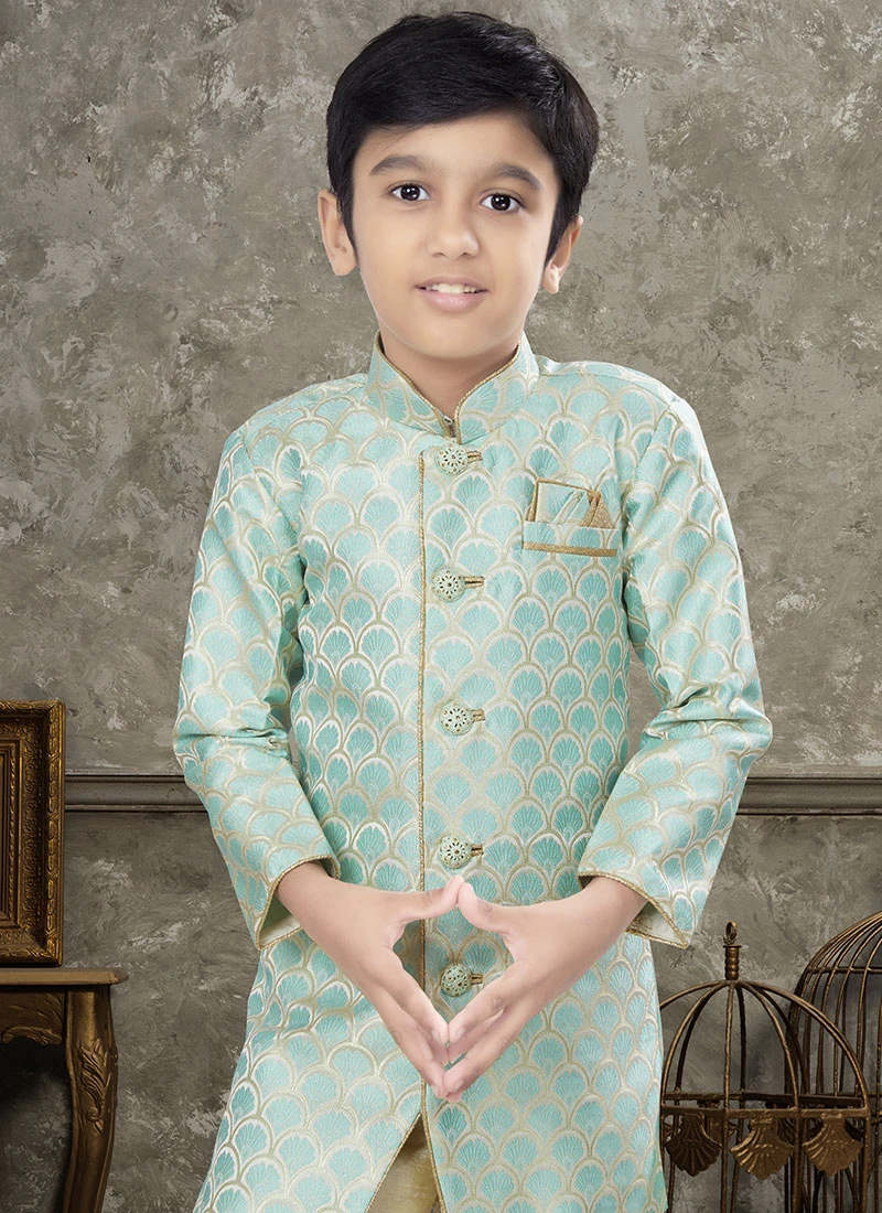 Firozi And Cream Art Silk Jacquard Indowestern Sherwani Party Wear 3 Firozi And Cream Art Silk Jacquard Indowestern Sherwani Party Wear - Image 3