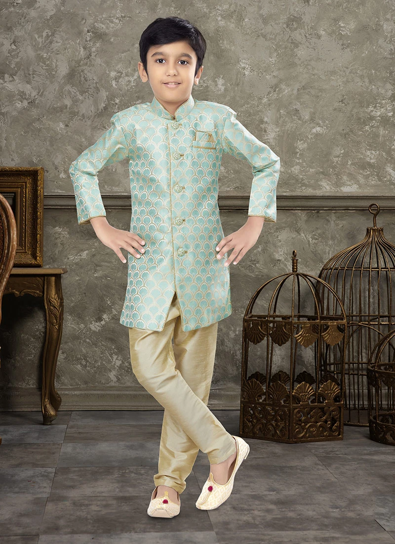Firozi And Cream Art Silk Jacquard Indowestern Sherwani Party Wear 2 Firozi And Cream Art Silk Jacquard Indowestern Sherwani Party Wear - Image 2