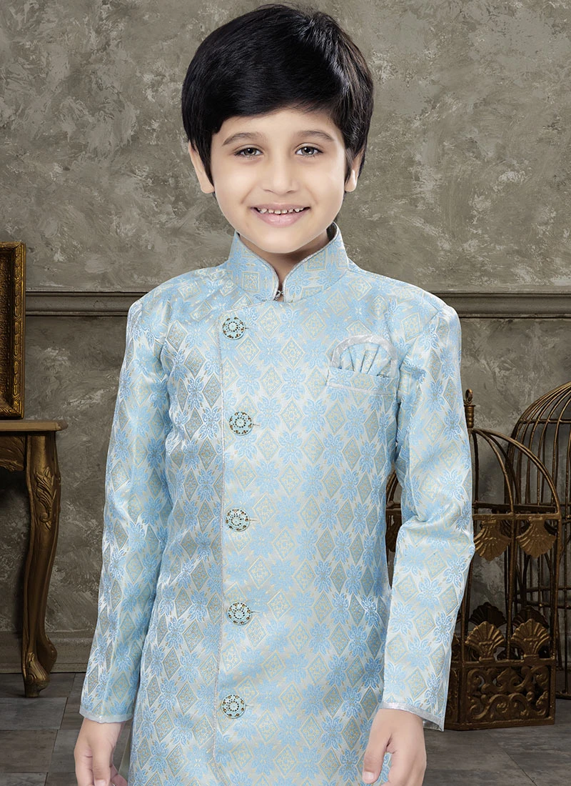 Firozi And Sky Blue Art Silk Jacquard Indowestern Sherwani Party Wear 3 Firozi And Sky Blue Art Silk Jacquard Indowestern Sherwani Party Wear - Image 3