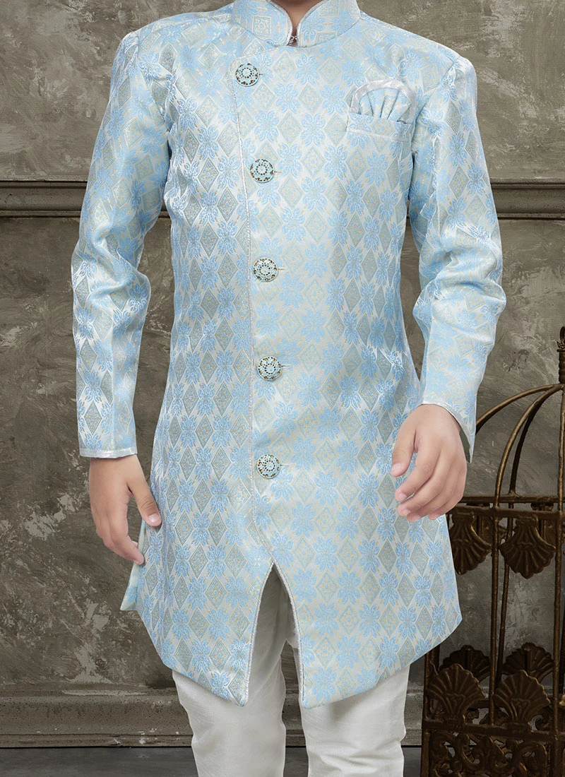 Firozi And Sky Blue Art Silk Jacquard Indowestern Sherwani Party Wear 1 Firozi And Sky Blue Art Silk Jacquard Indowestern Sherwani Party Wear