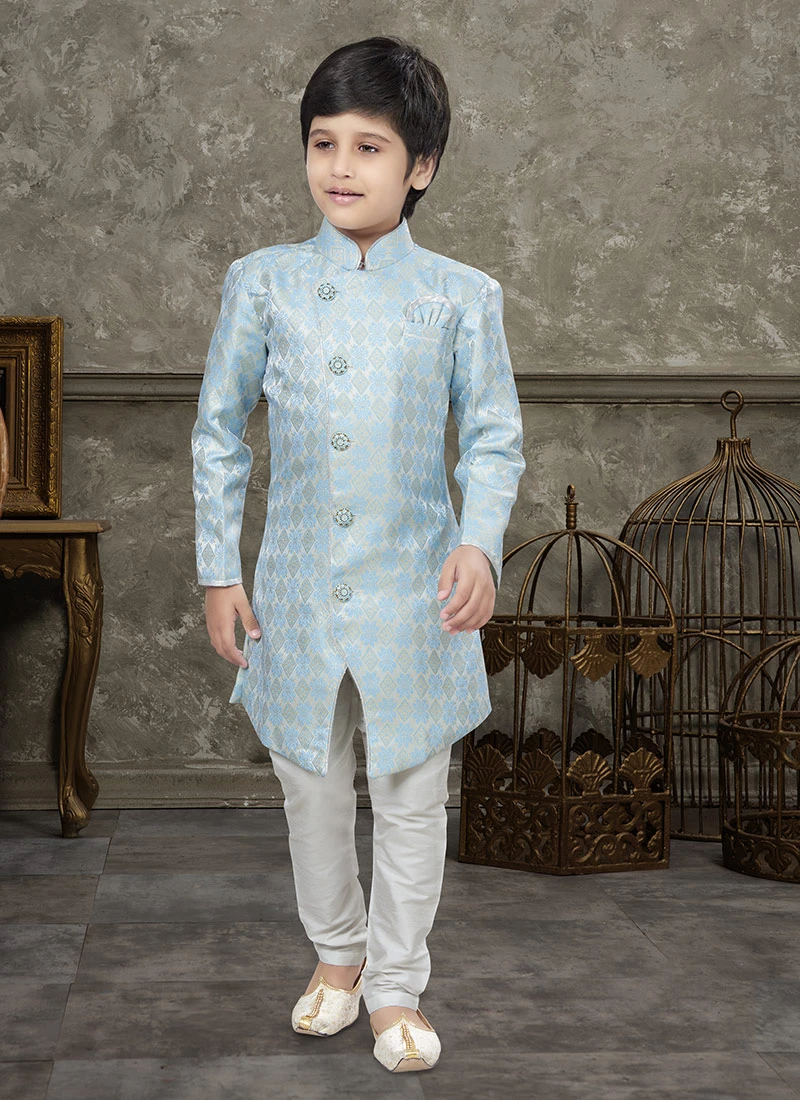 Firozi And Sky Blue Art Silk Jacquard Indowestern Sherwani Party Wear 2 Firozi And Sky Blue Art Silk Jacquard Indowestern Sherwani Party Wear - Image 2
