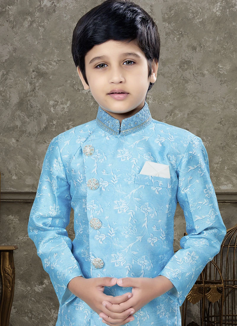 Firozi Art Silk Jacquard Indowestern Sherwani Party Wear 3 Firozi Art Silk Jacquard Indowestern Sherwani Party Wear - Image 3