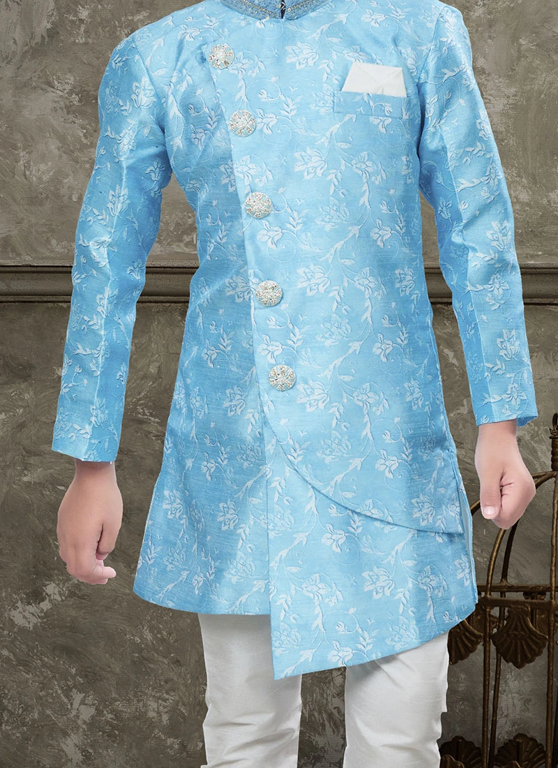 Firozi Art Silk Jacquard Indowestern Sherwani Party Wear 1 Firozi Art Silk Jacquard Indowestern Sherwani Party Wear