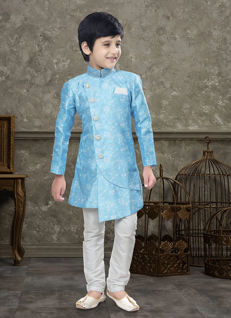 Firozi Art Silk Jacquard Indowestern Sherwani Party Wear 2 Firozi Art Silk Jacquard Indowestern Sherwani Party Wear - Image 2