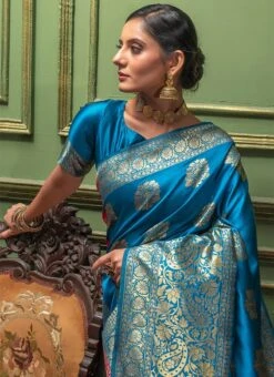 Firozi N Pink Banarasi Silk Jacquard Half N Half Saree Festive Wear -C Bazaar Shop firozi n pink banarasi silk jacquard half n half saree sasli1265154 b