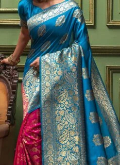 Firozi N Pink Banarasi Silk Jacquard Half N Half Saree Festive Wear