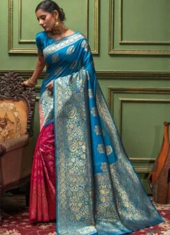 Firozi N Pink Banarasi Silk Jacquard Half N Half Saree Festive Wear -C Bazaar Shop firozi n pink banarasi silk jacquard half n half saree sasli1265154 u
