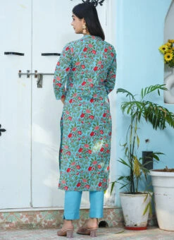 Floral Printed Blue Cotton Kurta N Straight Pant Work Wear -C Bazaar Shop floral printed blue cotton kurta n straight pant krsjsc484 b