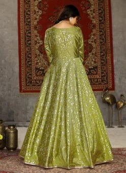 Fluorescent Green Taffeta Metalic Foil Work Anarkali Gown Party Wear -C Bazaar Shop fluorescent green taffeta metalic foil work anarkali gown bgwsom4604 b