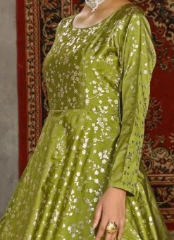 Fluorescent Green Taffeta Metalic Foil Work Anarkali Gown Party Wear