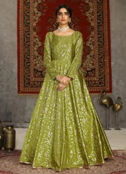 Fluorescent Green Taffeta Metalic Foil Work Anarkali Gown Party Wear -C Bazaar Shop fluorescent green taffeta metalic foil work anarkali gown bgwsom4604 u