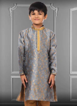 Fog Grey Jacquard Silk Boys Kurta Pyjama Party Wear -C Bazaar Shop fog grey jacquard silk boys kurta pyjama kdbkvs692 b