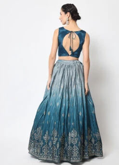 Foil Printed Chinon Silk Teal Blue Semi Stitched Lehenga Party Wear -C Bazaar Shop foil printed chinon silk teal blue semi stitched lehenga ghsomc7058 b
