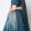 Foil Printed Chinon Silk Teal Blue Semi Stitched Lehenga Party Wear