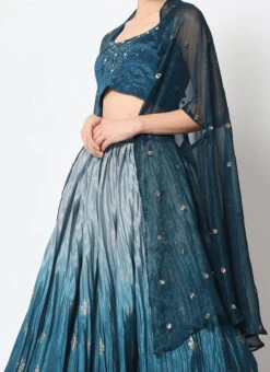 Foil Printed Chinon Silk Teal Blue Semi Stitched Lehenga Party Wear