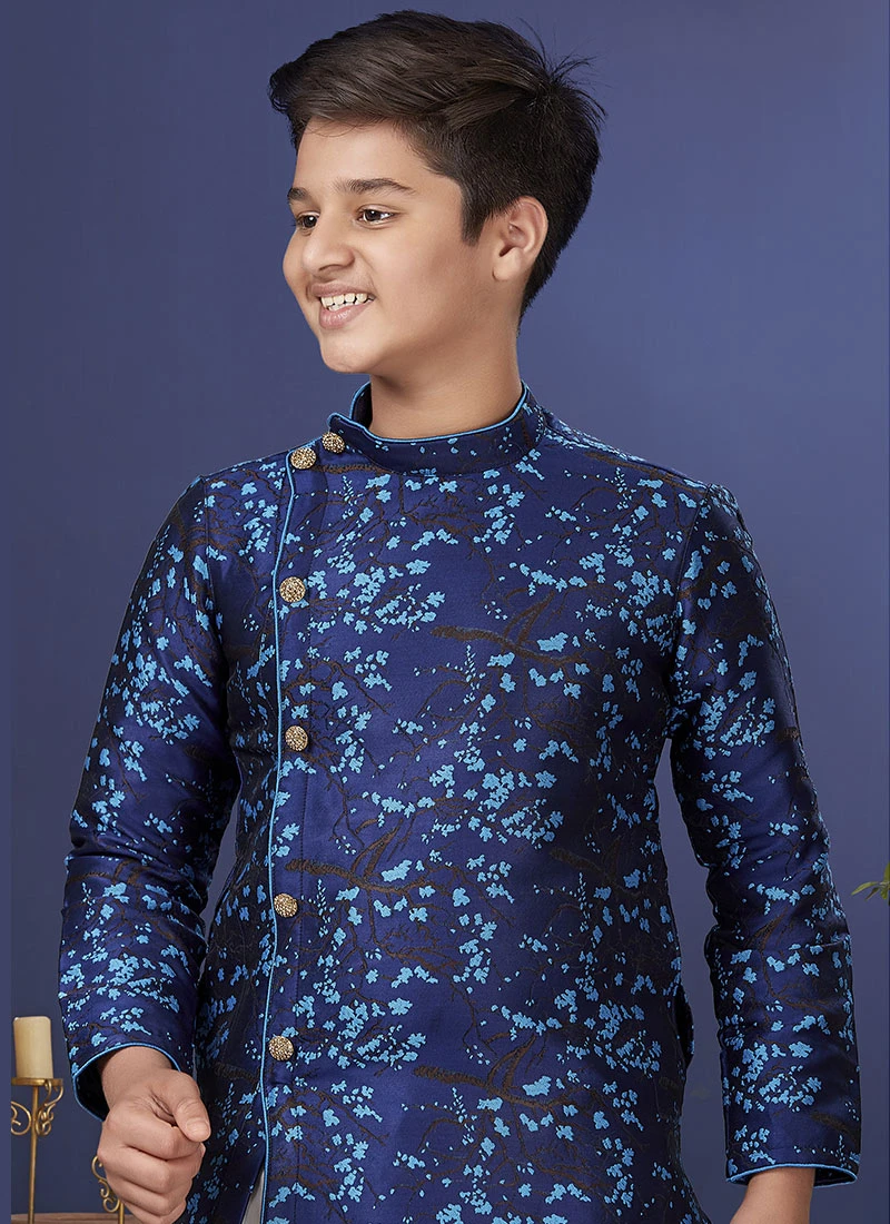 French Navy Blue Jacquard Silk Indowestern Sherwani Wedding Wear 3 French Navy Blue Jacquard Silk Indowestern Sherwani Wedding Wear - Image 3