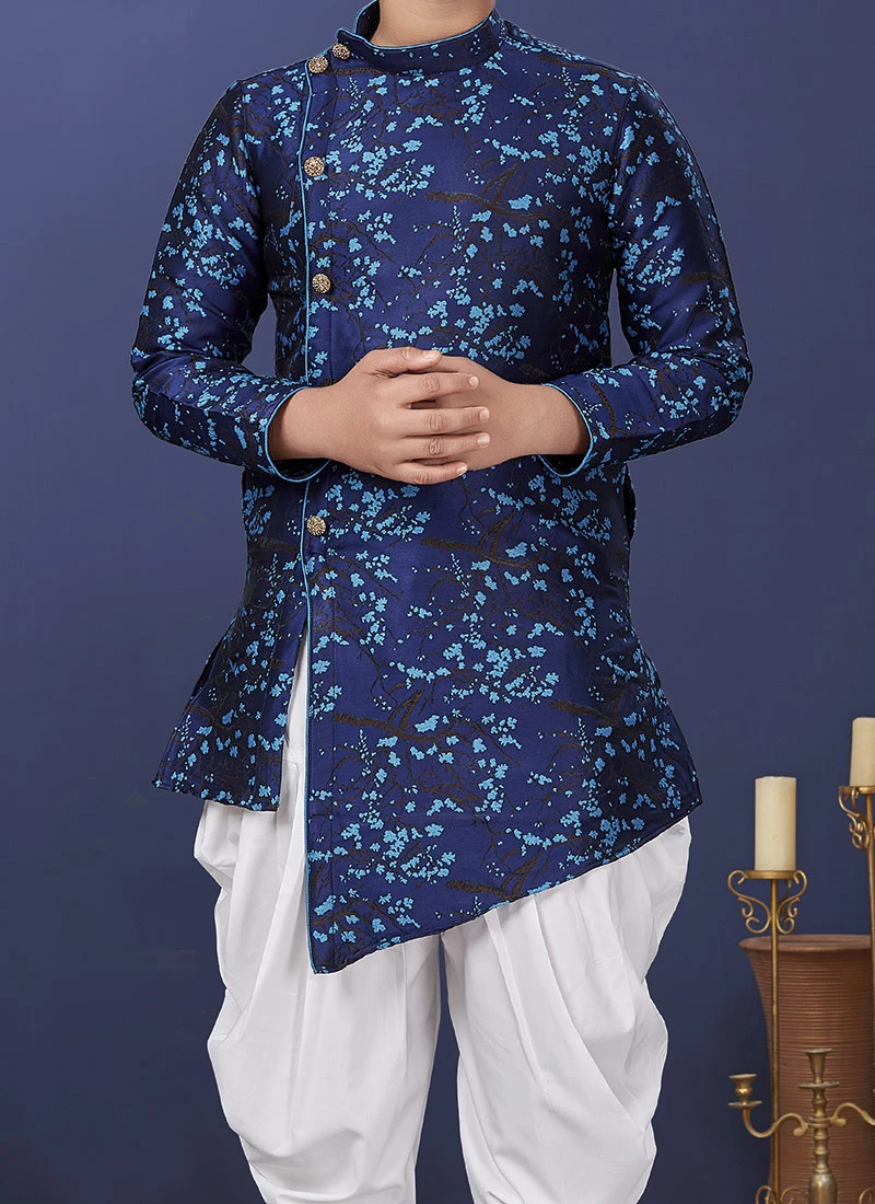 French Navy Blue Jacquard Silk Indowestern Sherwani Wedding Wear 1 French Navy Blue Jacquard Silk Indowestern Sherwani Wedding Wear