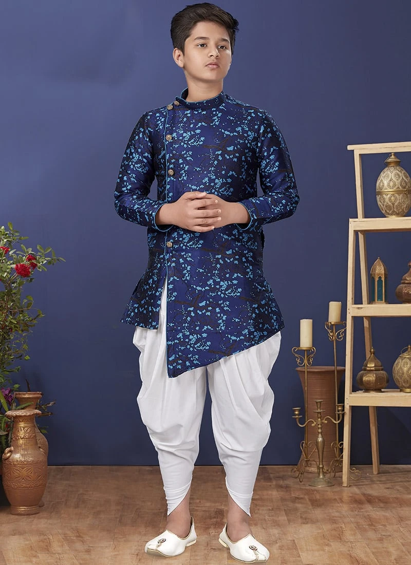 French Navy Blue Jacquard Silk Indowestern Sherwani Wedding Wear 2 French Navy Blue Jacquard Silk Indowestern Sherwani Wedding Wear - Image 2
