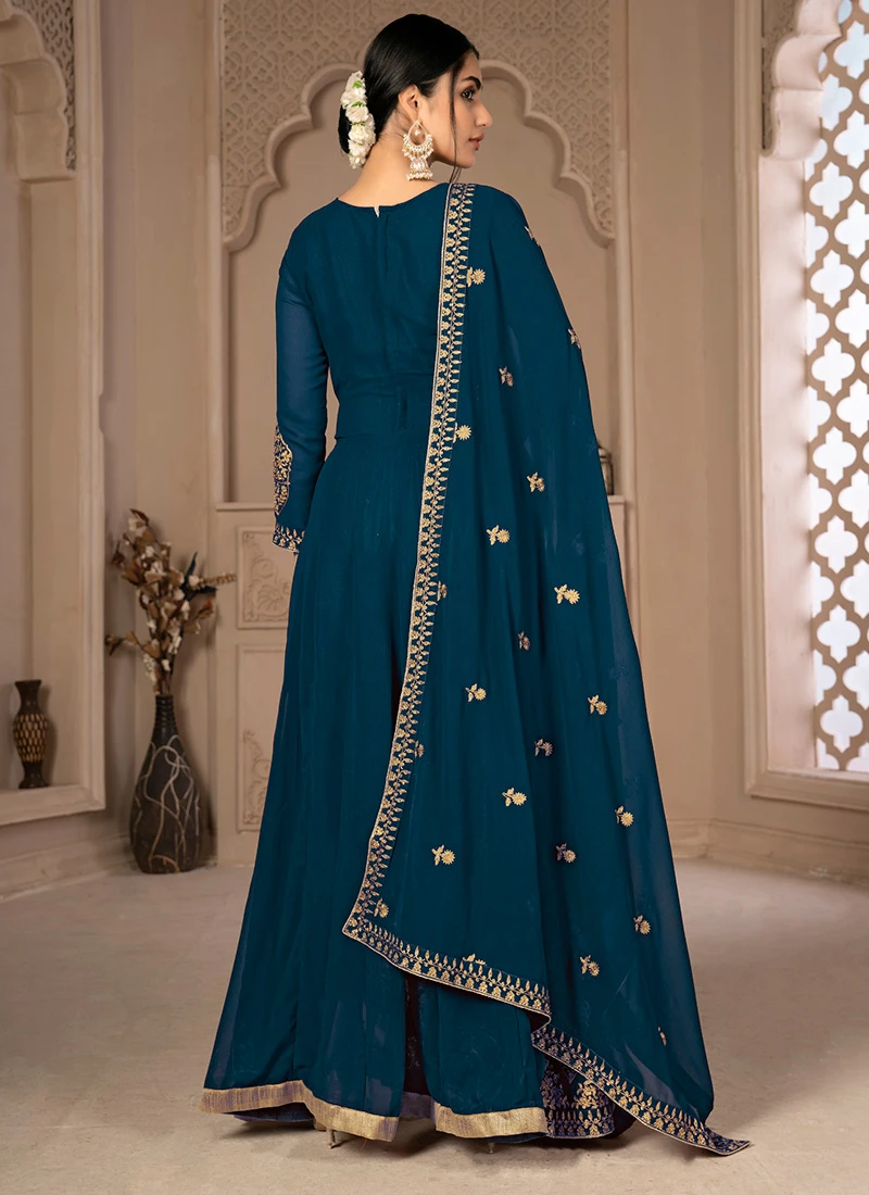 Full Sleeve Centre Slit Rama Blue Georgette Embroidery Anarkali Suit Party Wear 4 Full Sleeve Centre Slit Rama Blue Georgette Embroidery Anarkali Suit Party Wear - Image 4