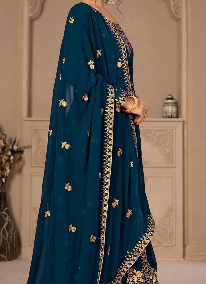Full Sleeve Centre Slit Rama Blue Georgette Embroidery Anarkali Suit Party Wear 1 Full Sleeve Centre Slit Rama Blue Georgette Embroidery Anarkali Suit Party Wear