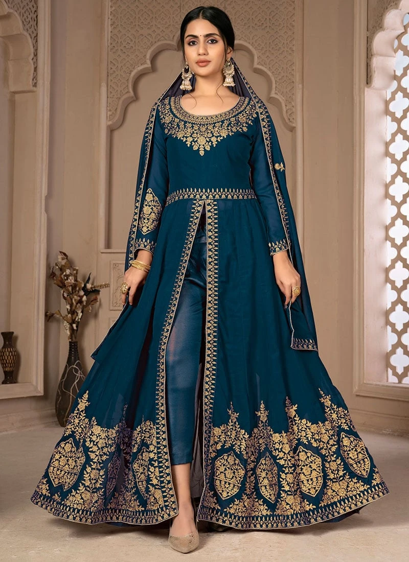 Full Sleeve Centre Slit Rama Blue Georgette Embroidery Anarkali Suit Party Wear 3 Full Sleeve Centre Slit Rama Blue Georgette Embroidery Anarkali Suit Party Wear - Image 3