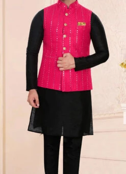 Fusia Pink Art Silk Jacquard Bandhgala Jacket