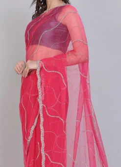 Gajiri Pink Hand Work Beads Work Chiffon Saree Party Wear