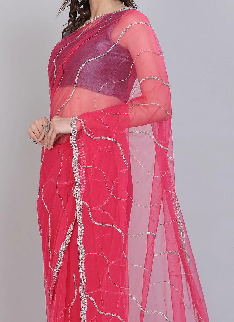 Gajiri Pink Hand Work Beads Work Chiffon Saree Party Wear 1 Gajiri Pink Hand Work Beads Work Chiffon Saree Party Wear