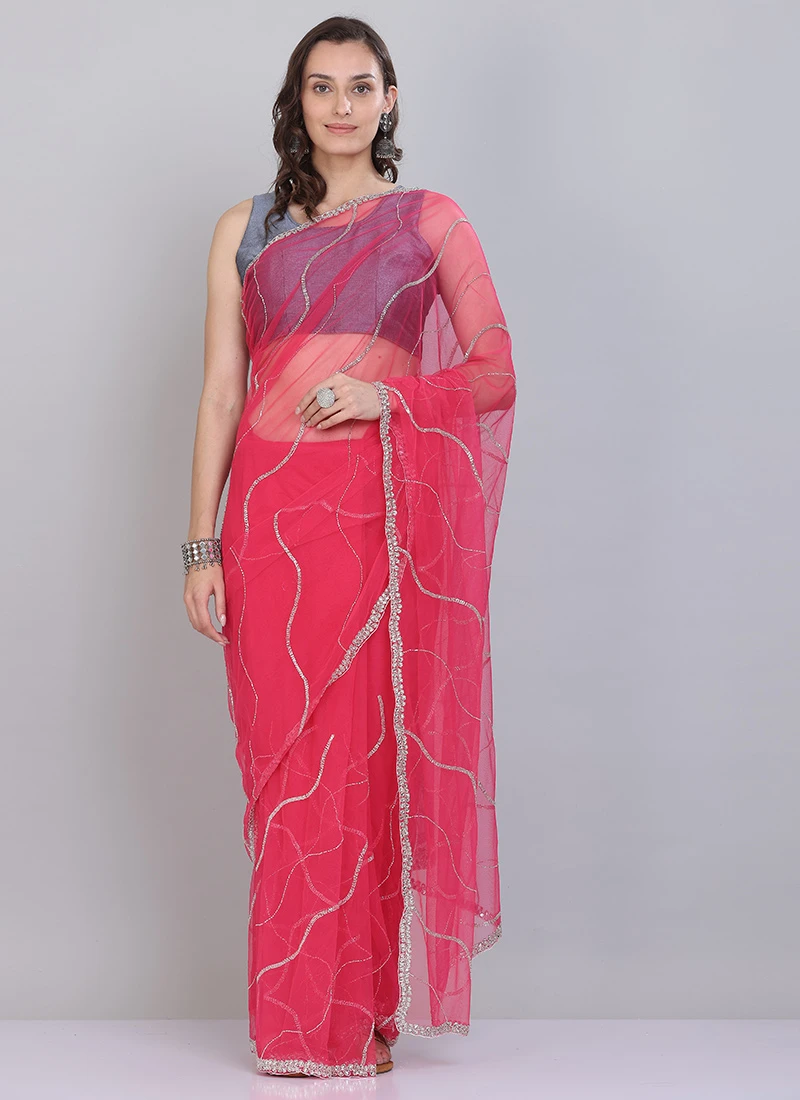 Gajiri Pink Hand Work Beads Work Chiffon Saree Party Wear 3 Gajiri Pink Hand Work Beads Work Chiffon Saree Party Wear - Image 3